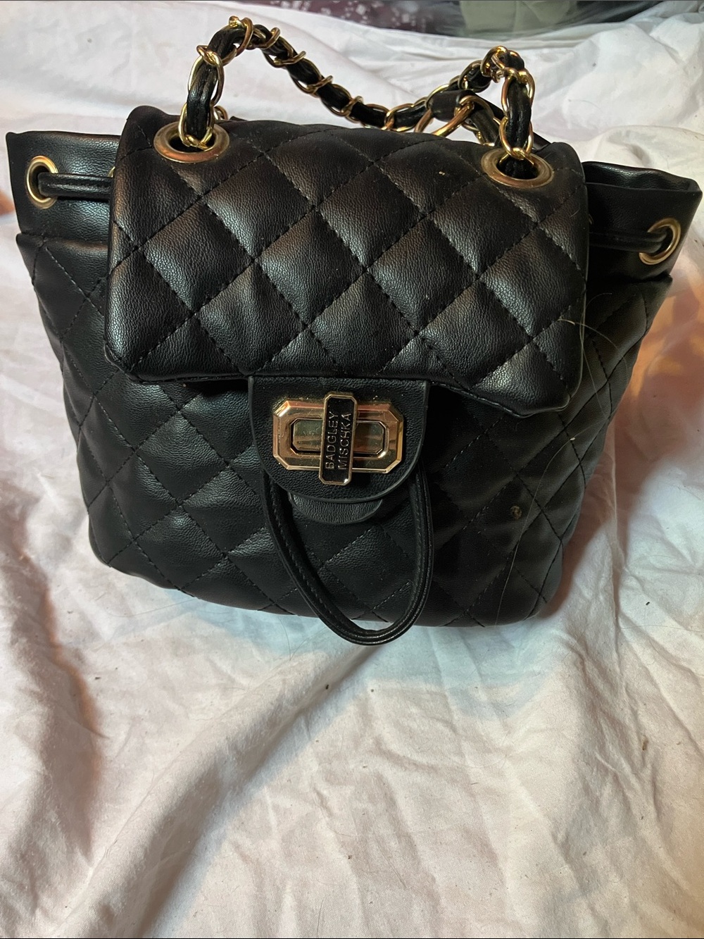 Black Quilted Chain-Handle Backpack Purse - Brand: Badgley Mischka